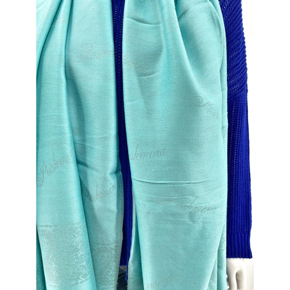 NWT Pashmina Silk Blend Aqua Blue Shawl - Picture 3 of 4